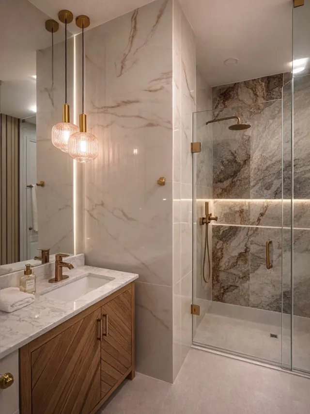Walk-in shower in book-matched stone with brass fittings.