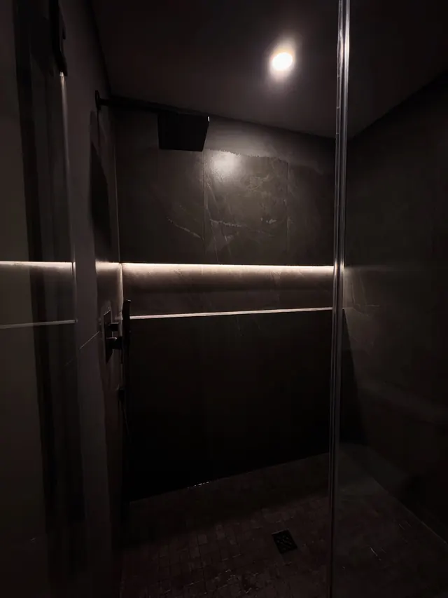 Dark stone shower with a recessed linear light.