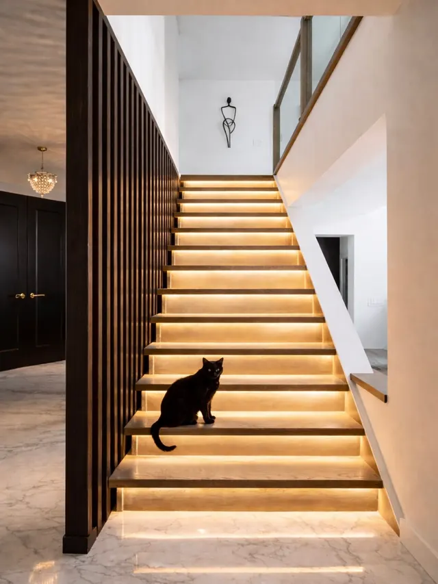 Staircase with light concealed beneath every tread.